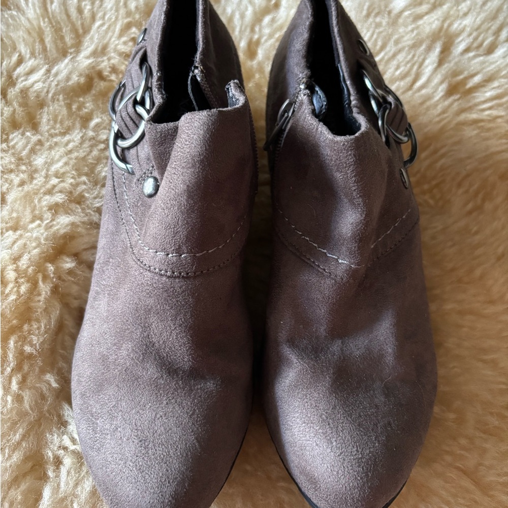 Xappeal Grayish Brown Suede Ankle Booties with Decorative Buckle